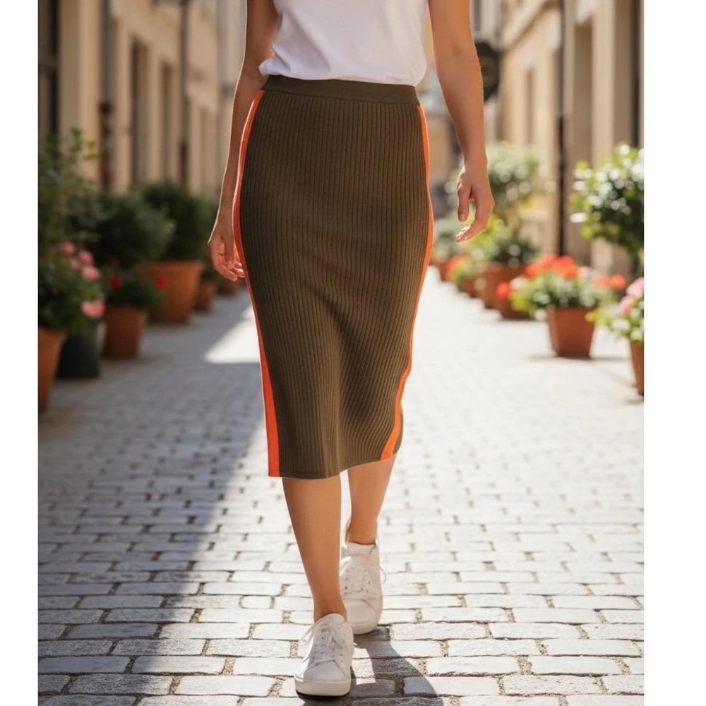 Free People Olive and Orange Ribbed Skirt